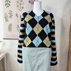 90s Y2k Argyle Striped Zip Up Wool Cardigan Sweater Jacket Whismy Twee Retro L